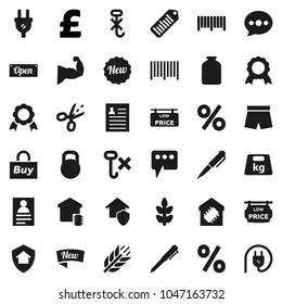 Flat vector icon set - jar vector, pen, medal, personal information, pound, muscule hand, shorts, cereals, no hook, weight, barcode, message, low price signboard, smart home, protect, new, open, buy