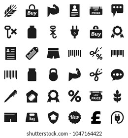 Flat vector icon set - jar vector, pen, medal, personal information, pound, muscule hand, shorts, cereals, no hook, weight, barcode, message, low price signboard, smart home, protect, new, percent