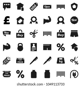 Flat vector icon set - jar vector, pen, medal, personal information, pound, muscule hand, shorts, cereals, weight, barcode, message, low price signboard, smart home, protect, new, open, percent, buy