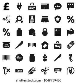 Flat vector icon set - jar vector, pen, medal, personal information, pound, muscule hand, shorts, cereals, no hook, weight, barcode, message, low price signboard, smart home, protect, new, open, buy