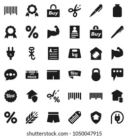 Flat vector icon set - jar vector, pen, medal, personal information, muscule hand, shorts, cereals, no hook, weight, barcode, message, low price signboard, smart home, protect, new, percent, buy