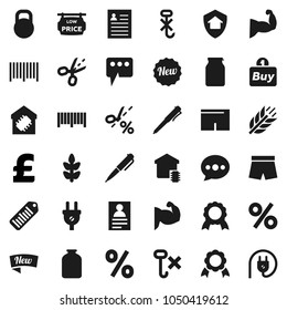 Flat vector icon set - jar vector, pen, medal, personal information, pound, muscule hand, shorts, cereals, no hook, weight, barcode, message, low price signboard, smart home, protect, new, percent