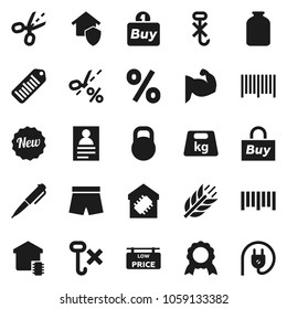 Flat vector icon set - jar vector, pen, medal, personal information, muscule hand, shorts, cereals, no hook, weight, barcode, low price signboard, smart home, protect, new, percent, buy, coupon