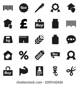 Flat vector icon set - jar vector, pen, medal, personal information, pound, muscule hand, shorts, cereals, no hook, weight, barcode, message, smart home, protect, new, percent, buy, coupon
