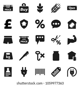 Flat vector icon set - jar vector, pen, personal information, pound, muscule hand, shorts, cereals, no hook, weight, barcode, message, low price signboard, smart home, protect, open, percent, buy