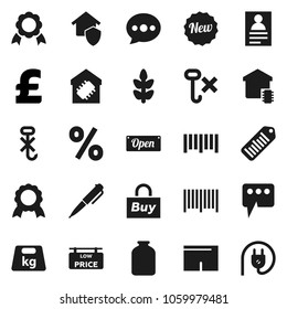 Flat vector icon set - jar vector, pen, medal, personal information, pound, shorts, cereals, no hook, weight, barcode, message, low price signboard, smart home, protect, new, open, percent, buy