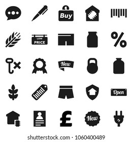 Flat vector icon set - jar vector, pen, medal, personal information, pound, shorts, cereals, no hook, weight, barcode, message, low price signboard, smart home, protect, new, open, percent, buy