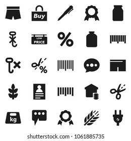 Flat vector icon set - jar vector, pen, medal, personal information, shorts, cereals, no hook, weight, barcode, message, low price signboard, smart home, percent, buy, coupon, power plug