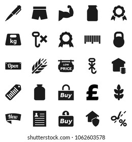 Flat vector icon set - jar vector, pen, medal, personal information, pound, muscule hand, shorts, cereals, no hook, weight, barcode, low price signboard, smart home, protect, new, open, buy, coupon