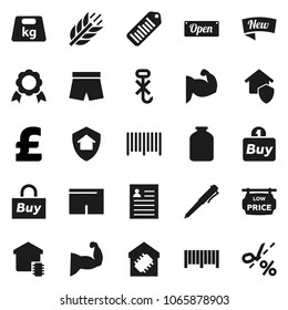 Flat vector icon set - jar vector, pen, medal, personal information, pound, muscule hand, shorts, cereals, no hook, weight, barcode, low price signboard, smart home, protect, new, open, buy, coupon