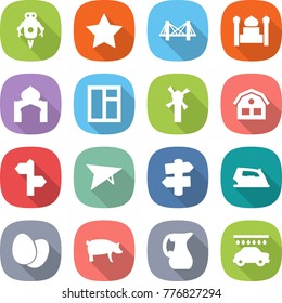 flat vector icon set - jet robot vector, star, bridge, minaret, window, windmill, house, signpost, deltaplane, iron, eggs, pig, jug, car wash