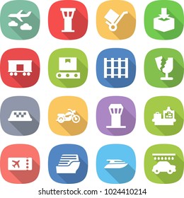 flat vector icon set - journey vector, airport tower, trolley, package, railroad shipping, transporter tape, pallet, broken, taxi, motorcycle, baggage checking, ticket, cruise ship, yacht, car wash