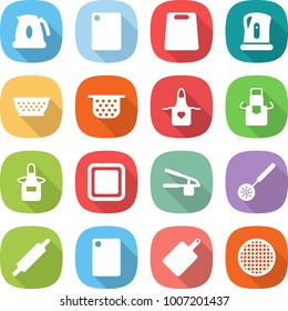 flat vector icon set - kettle vector, cutting board, colander, apron, garlic clasp, skimmer, rolling pin, sieve