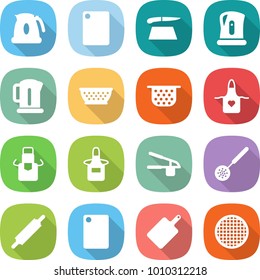 flat vector icon set - kettle vector, cutting board, colander, apron, garlic clasp, skimmer, rolling pin, sieve
