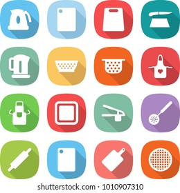 flat vector icon set - kettle vector, cutting board, colander, apron, garlic clasp, skimmer, rolling pin, sieve