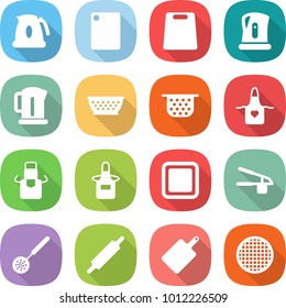 flat vector icon set - kettle vector, cutting board, colander, apron, garlic clasp, skimmer, rolling pin, sieve