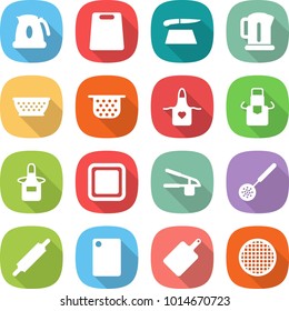flat vector icon set - kettle vector, cutting board, colander, apron, garlic clasp, skimmer, rolling pin, sieve