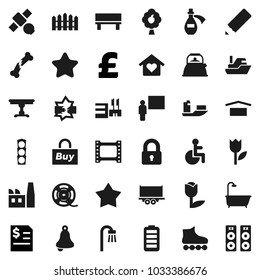 Flat vector icon set - kettle vector, pencil, blackboard, bell, annual report, pound, roller Skates, satellite, traffic light, ship, truck trailer, dry cargo, tulip, film frame, spool, battery, lock