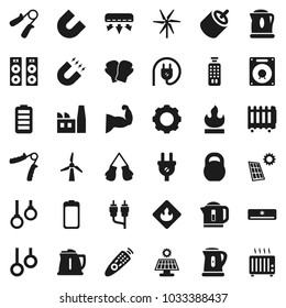 Flat vector icon set - kettle vector, magnet, weight, hand trainer, muscule, boxing glove, gymnast rings, flammable, remote control, battery, rca, gear, solar panel, windmill, air conditioner