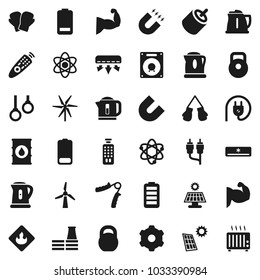 Flat vector icon set - kettle vector, atom, magnet, weight, hand trainer, muscule, boxing glove, gymnast rings, flammable, oil barrel, remote control, battery, rca, gear, solar panel, windmill