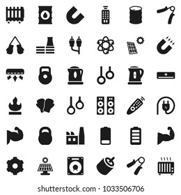 Flat vector icon set - kettle vector, atom, magnet, weight, hand trainer, muscule, boxing glove, gymnast rings, flammable, oil barrel, remote control, battery, rca, gear, solar panel, factory