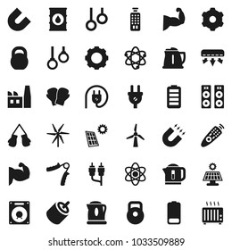 Flat vector icon set - kettle vector, atom, magnet, weight, hand trainer, muscule, boxing glove, gymnast rings, oil barrel, remote control, battery, rca, gear, solar panel, windmill, air conditioner
