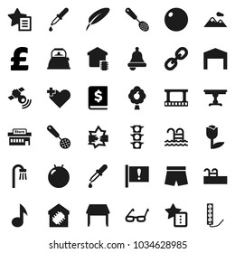Flat vector icon set - kettle vector, skimmer, pen, glasses, bell, music, annual report, pound, fitball, shorts, pool, attention, traffic light, tulip, film frame, satellitie, link, heart cross