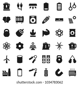 Flat vector icon set - kettle vector, atom, magnet, weight, hand trainer, muscule, boxing glove, gymnast rings, flammable, oil barrel, remote control, battery, rca, gear, solar panel, windmill