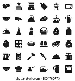 Flat vector icon set - kettle vector, colander, cook hat, apron, glove, towel, timer, press, meat hammer, cutting board, hand mill, grater, turk coffee, oven, double boiler, cookbook, spices, bbq