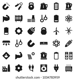 Flat vector icon set - kettle vector, atom, magnet, weight, hand trainer, muscule, gymnast rings, flammable, remote control, battery, rca, gear, solar panel, windmill, air conditioner, factory