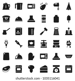 Flat vector icon set - kettle vector, colander, measuring cup, scales, cook glove, towel, press, meat hammer, cutting board, grater, turk coffee, mixer, microwave oven, double boiler, cookbook, bbq