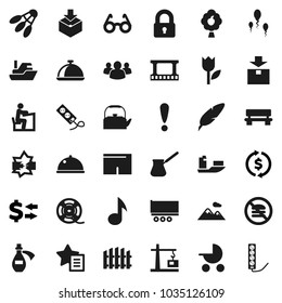 Flat vector icon set - kettle vector, turk coffee, dish, pen, glasses, student, music, exchange, shorts, shuttlecock, no fastfood, attention, ship, truck trailer, tulip, package, film frame, spool