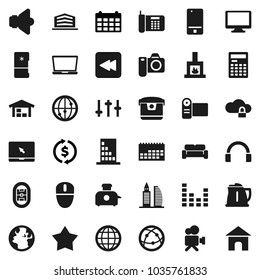 Flat vector icon set - kettle vector, calculator, exchange, calendar, stadium, earth, speaker, settings, equalizer, video camera, internet, mobile phone, headphones, monitor, notebook pc, cloud lock