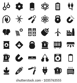 Flat vector icon set - kettle vector, atom, magnet, weight, hand trainer, boxing glove, gymnast rings, flammable, oil barrel, remote control, battery, rca, gear, solar panel, windmill, factory