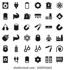 Flat vector icon set - kettle vector, atom, magnet, weight, hand trainer, muscule, boxing glove, gymnast rings, flammable, oil barrel, remote control, battery, rca, gear, solar panel, factory