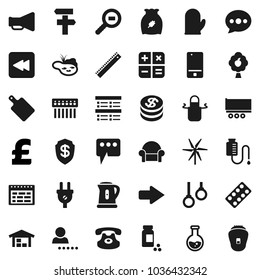 Flat vector icon set - kettle vector, apron, cook glove, cutting board, cereal, ruler, schedule, flask, exam, pound, pills vial, gymnast rings, truck trailer, cargo search, loudspeaker, mobile phone