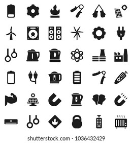 Flat vector icon set - kettle vector, atom, magnet, weight, hand trainer, muscule, boxing glove, gymnast rings, flammable, remote control, battery, rca, gear, solar panel, windmill, air conditioner