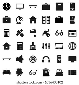 Flat vector icon set - kettle vector, mixer, copybook, glasses, case, table lamp, calculator, clock, calendar, skateboard, target, satellite, speaker, settings, video camera, internet, mobile phone