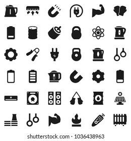 Flat vector icon set - kettle vector, atom, magnet, weight, hand trainer, muscule, boxing glove, gymnast rings, flammable, oil barrel, remote control, battery, rca, gear, solar panel, factory