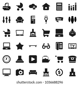 Flat vector icon set - kettle vector, scales, glasses, calculator, exchange, clock, man, skateboard, package, camera, settings, equalizer, tv, notebook pc, play button, cloud lock, fireplace, new