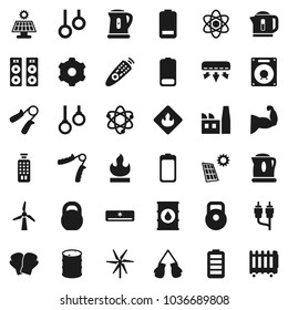 Flat vector icon set - kettle vector, atom, weight, hand trainer, muscule, boxing glove, gymnast rings, flammable, oil barrel, remote control, battery, rca, gear, solar panel, windmill, factory
