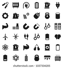 Flat vector icon set - kettle vector, atom, magnet, weight, hand trainer, muscule, boxing glove, gymnast rings, oil barrel, remote control, battery, rca, gear, solar panel, windmill, air conditioner