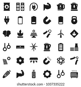 Flat vector icon set - kettle vector, atom, magnet, weight, hand trainer, muscule, boxing glove, gymnast rings, flammable, oil barrel, remote control, battery, gear, solar panel, windmill, factory