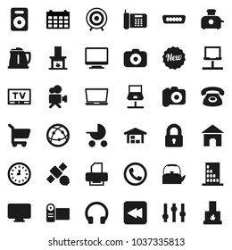 Flat vector icon set - kettle vector, clock, calendar, target, satellite, camera, settings, tv, video, internet, headphones, speaker, backward button, hdmi, notebook network, barn, lock, fireplace