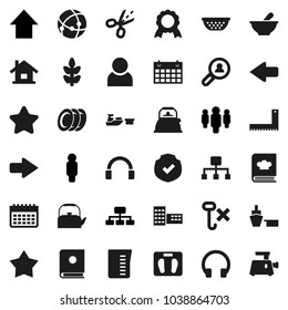 Flat vector icon set - kettle vector, colander, measuring cup, cookbook, plates, school building, corner ruler, medal, man, arrow up, hierarchy, scales, calendar, cereals, port, no hook, protected