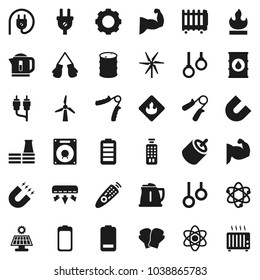 Flat vector icon set - kettle vector, atom, magnet, hand trainer, muscule, boxing glove, gymnast rings, flammable, oil barrel, remote control, battery, rca, gear, solar panel, windmill, factory