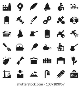 Flat vector icon set - kettle vector, skimmer, turk coffee, chicken leg, pen, pencil, student, bell, satellite, dry cargo, tulip, package, satellitie, link, battery, disabled, dropper, broken bone