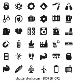 Flat vector icon set - kettle vector, atom, magnet, weight, hand trainer, muscule, boxing glove, gymnast rings, flammable, remote control, battery, rca, gear, solar panel, windmill, air conditioner