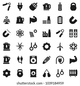Flat vector icon set - kettle vector, atom, magnet, weight, hand trainer, muscule, boxing glove, gymnast rings, oil barrel, remote control, battery, rca, gear, solar panel, windmill, factory, heater