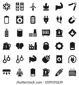 Flat vector icon set - kettle vector, atom, magnet, weight, hand trainer, muscule, boxing glove, gymnast rings, flammable, oil barrel, remote control, battery, rca, gear, solar panel, windmill